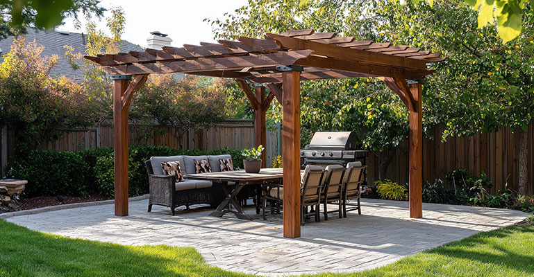 Beautiful backyard with wooden pergola