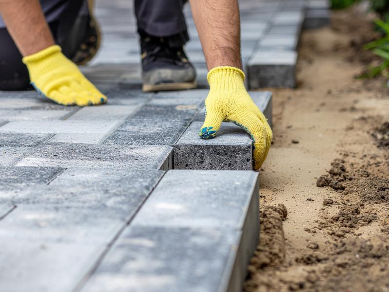 Paver installation process. Laying pavers in the chosen pattern with tight, consistent joints for a seamless finish.