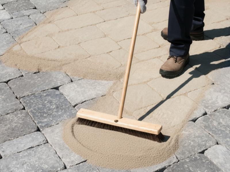 Sweeping polymeric sand into joints and compacting the surface to lock everything in place.