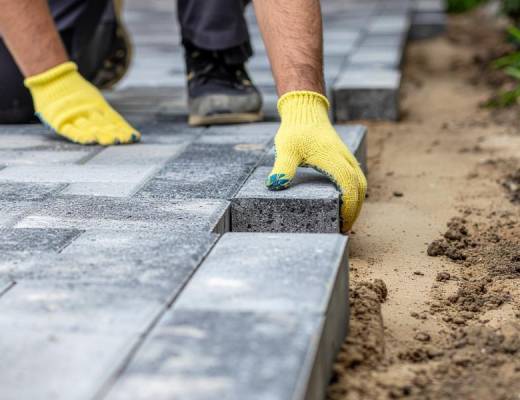 Paver installation process. Laying pavers in the chosen pattern with tight, consistent joints for a seamless finish.