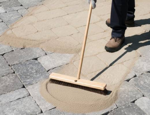 Sweeping polymeric sand into joints and compacting the surface to lock everything in place.